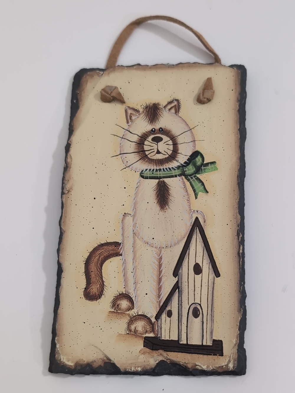 Mary Ann June Hand-Painted Beige Cat Slate Tile Wall Plaque Siamese Cat